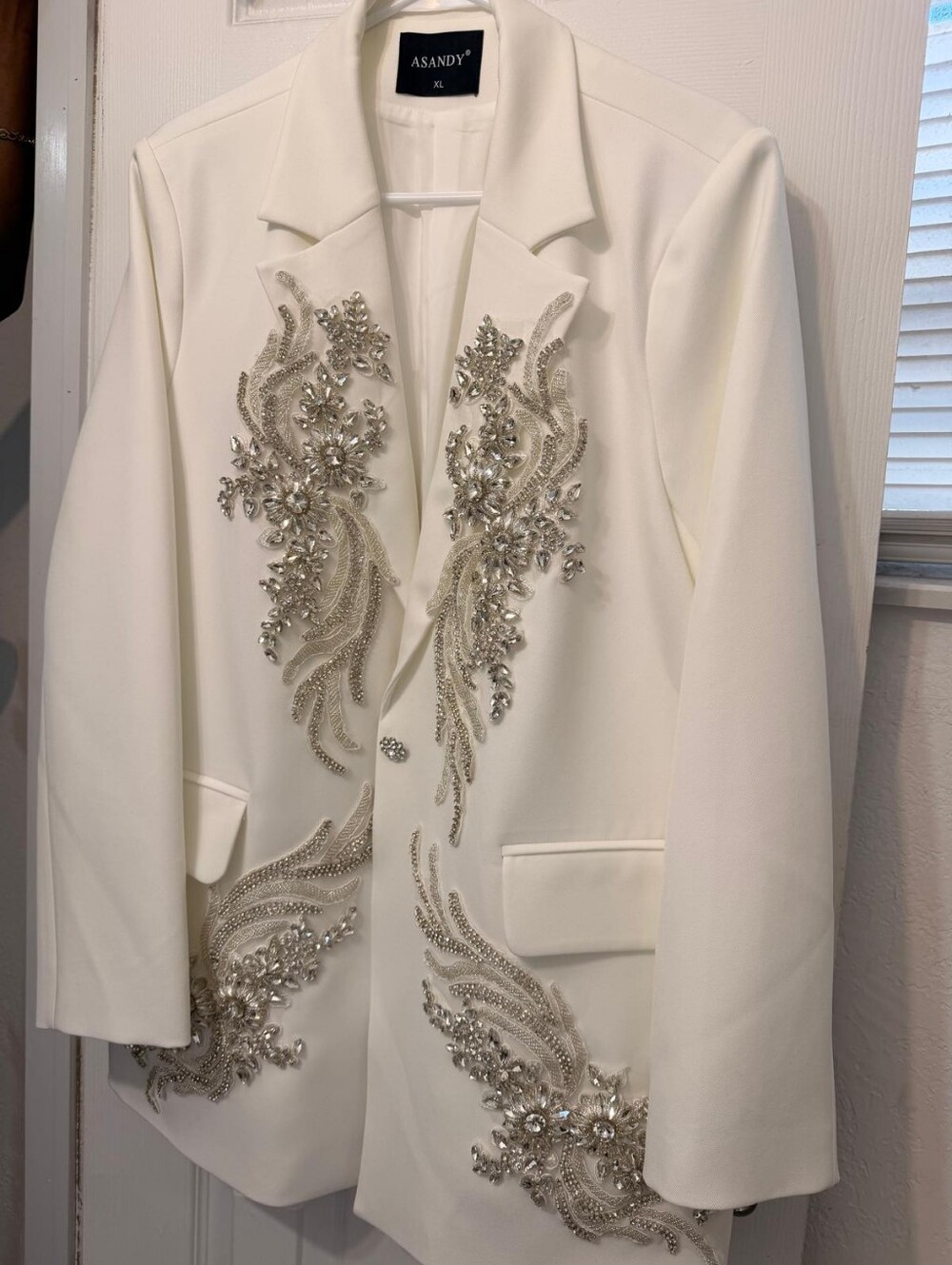 White Embellished Crystal-Accent Blazer